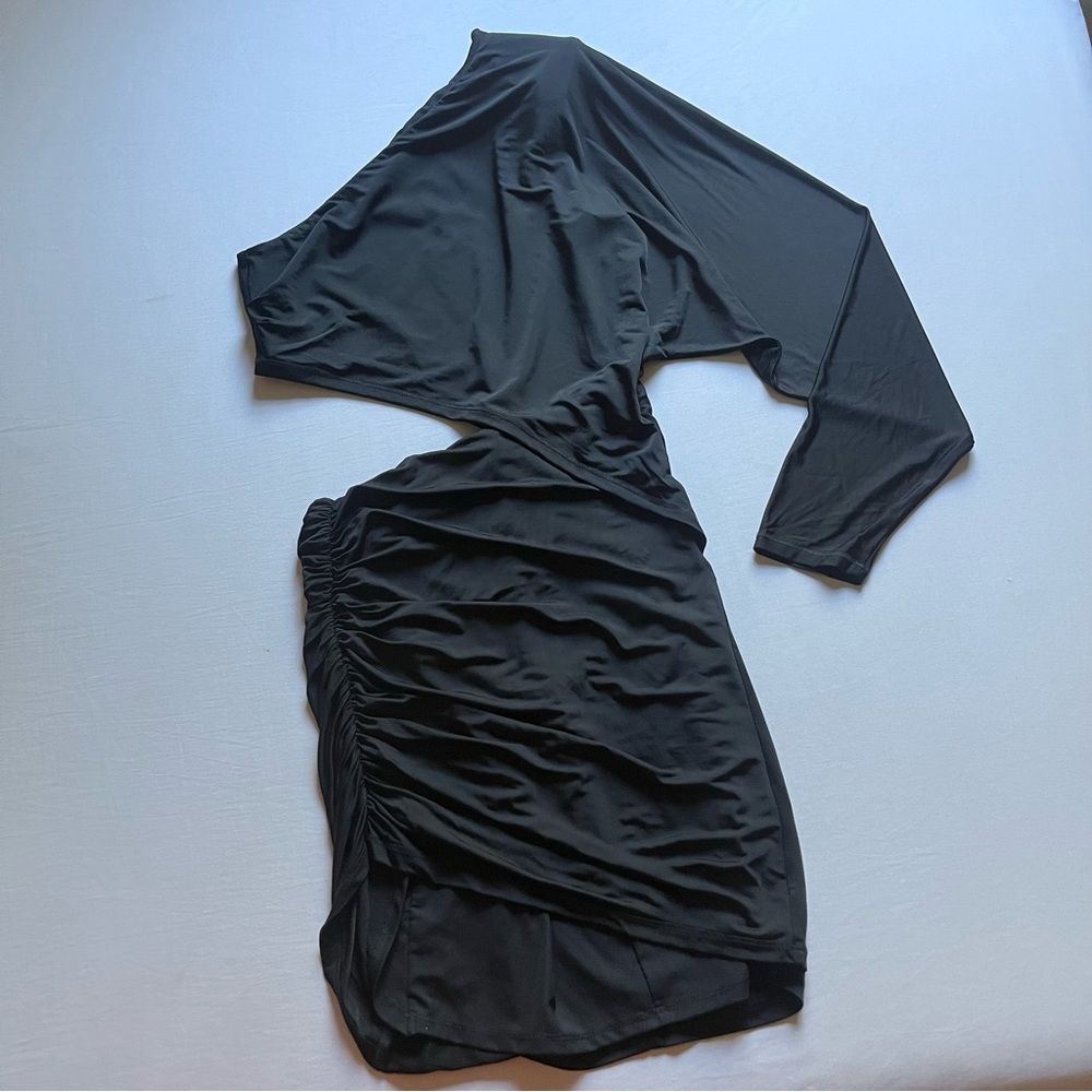 NWT MICHAEL COSTELLO x REVOLVE black knit ruched bodycon one shoulder mini dress